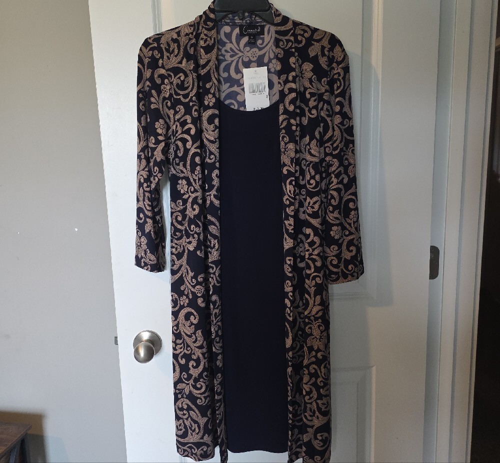 connected apparel Black Dress with Beige Floral-Patterned Duster - Picture 8 of 15